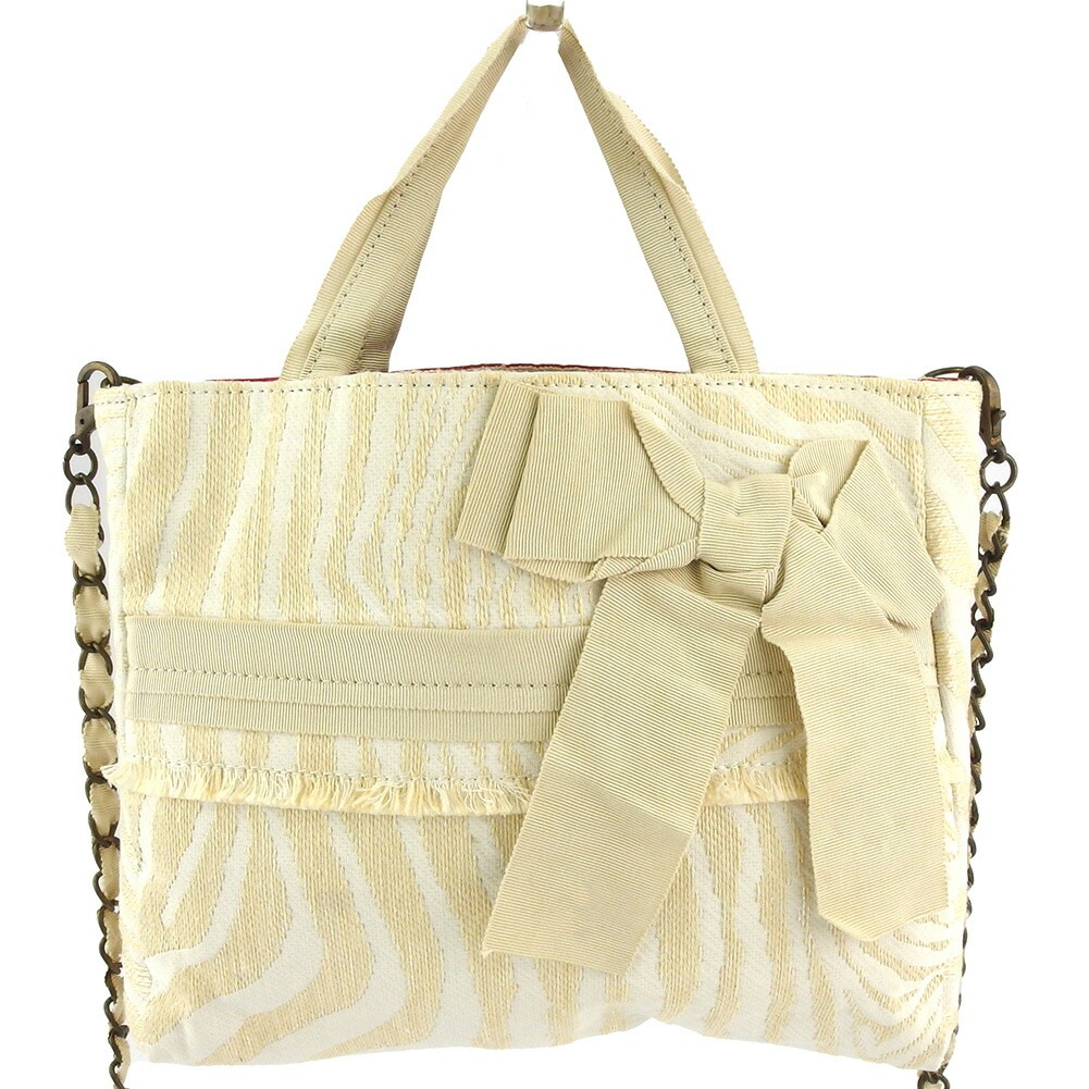 2WAY ショルダーバッグ ハンドバッグ ゼブラ レディース リボン チェーンショルダー ホワイト 白 ベージュ 中古