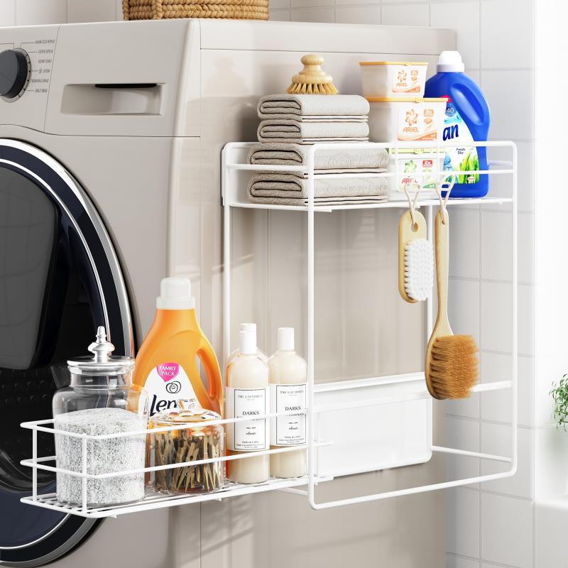 Orimade 洗濯機横 マグネット収納ラック 2段 ホワイト 引き出し付き 取り付け不要 冷蔵庫横収納 キッチン 洗面所 すき間ラッ ク 省スペース 調味料 スパイス収納 ランドリーラッ ク すき間