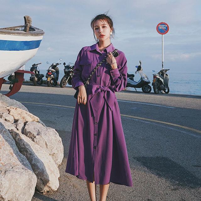 【品質新品】パープル シャツワンピース ロング レディース 20代 30代 お洒落 長袖 ワンピース デニム ワンピース ミモレ丈 シャツワンピース 春 秋