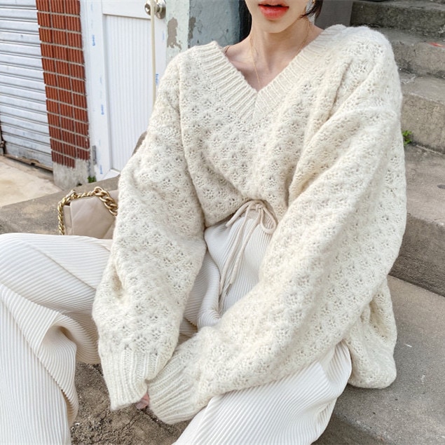 【送料込】 低廉 ゆったりニットトップス ニットセーター ニットソー vネック 韓国ファッション