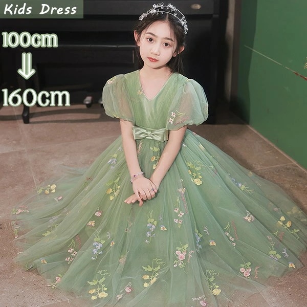 贩売促进 ピアノ発表会 ドレス 中学生 160 ワンピース パフスリーブ キッズ 女の子 キッズドレス 100 ロングドレス 袖あり 半袖 子供服 パーティー ロング丈 子供ドレス 演奏会 フラワーガ