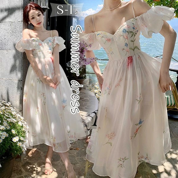 ワンピース レディース オフショルダー 韓国 大人可愛い 花柄 夏ワンピ 白 ホワイト おしゃれ パフスリーブ 沖縄 リゾート 小柄 二次会 入学式 bi099zezet2