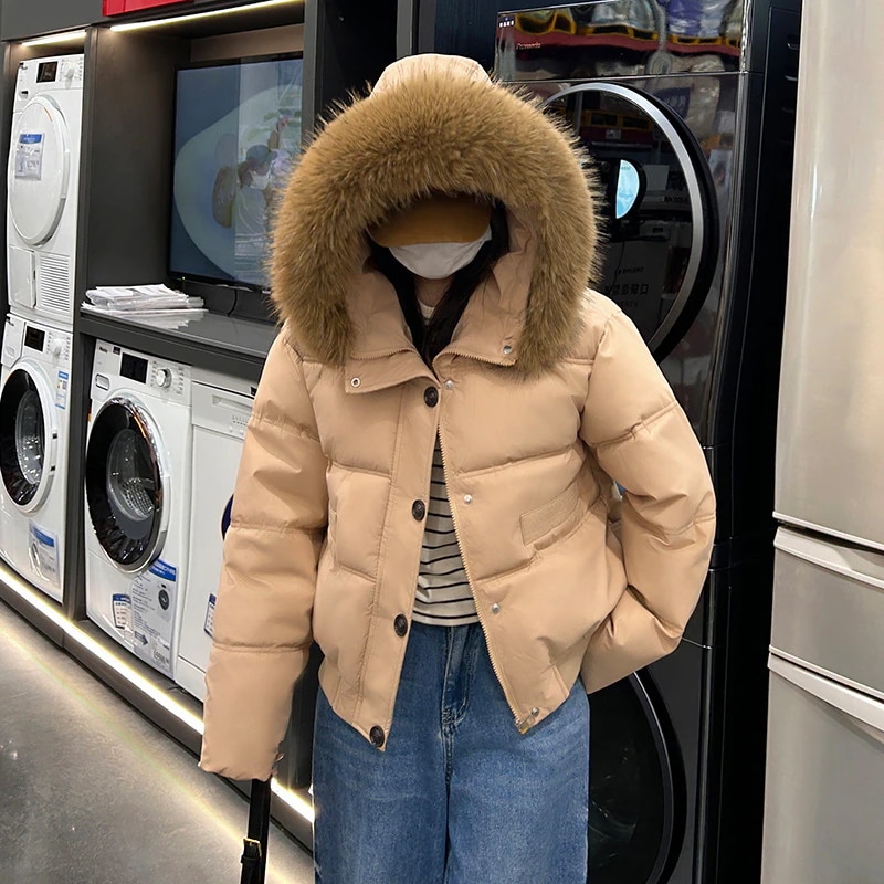 新型2024綿服女性冬の小柄なとした厚手の帽子の毛襟ダウン綿服コートが街の高級感を爆発させた
