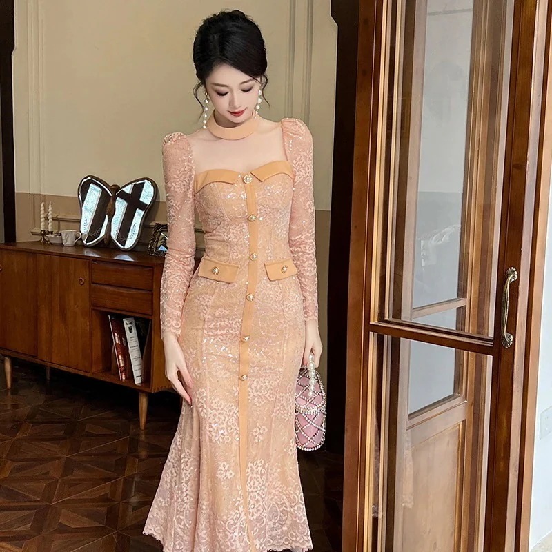 秋冬 レースワンピース パーティー キャバ 着痩せ 大人 同窓会 披露宴 卒業式 結婚式 演奏会 ウェディング 二次会