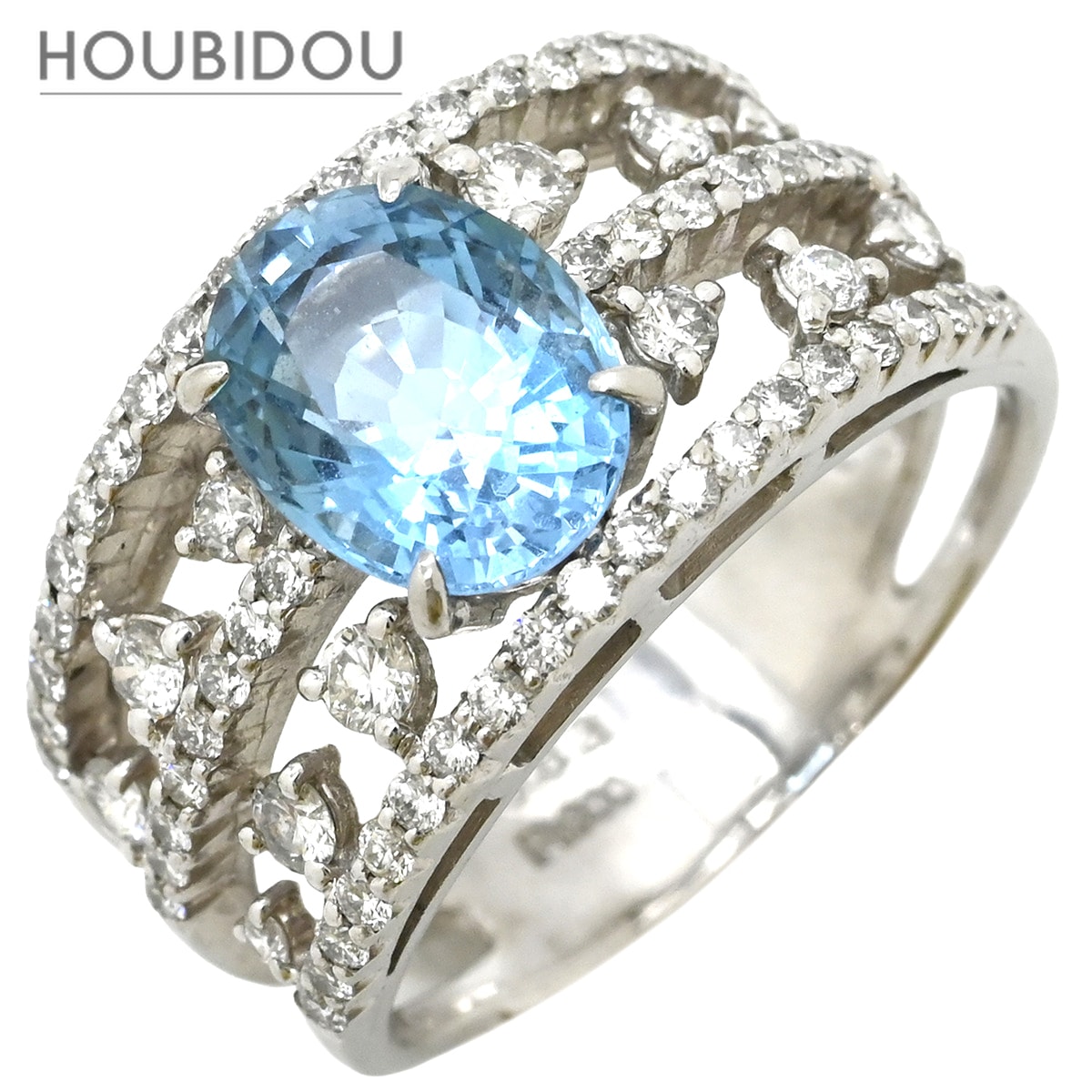 リング 指輪 アクアマリン2.07ct ダイヤ0.83ct ブルー×プラチナシルバー Pt900 ライトブルー 水色 オープンワーク 13号【中古】
