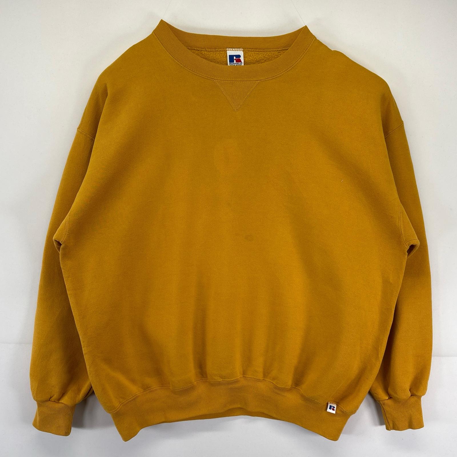 古着 90s/90年代 USA製 スウェット 大きいサイズ 無地 トレーナー クルーネック 前V 2XL イエロー系 メンズ