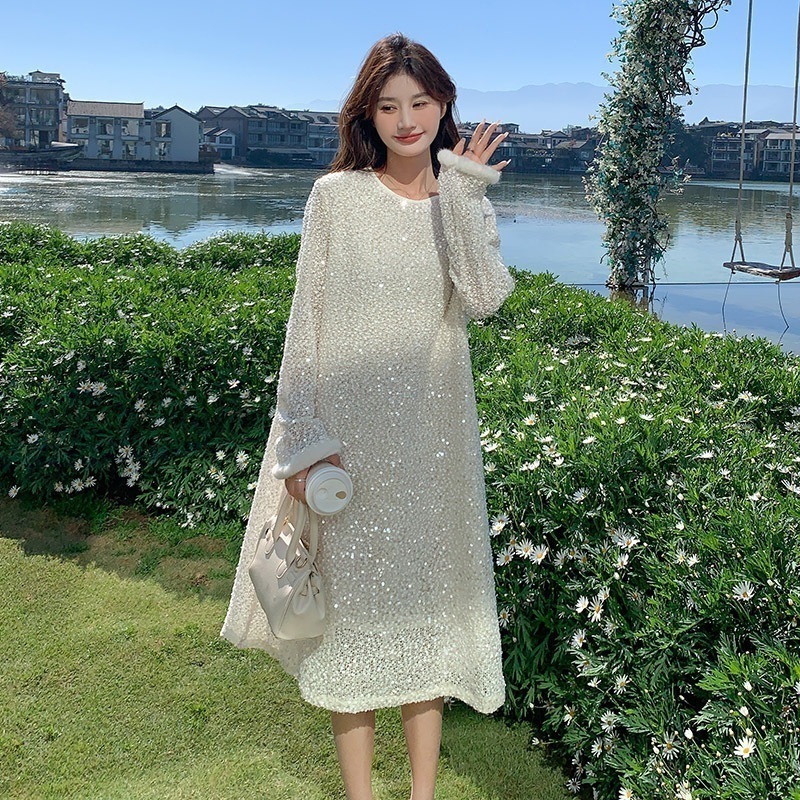 白の中国風ミンク袖スパンコールワンピース2024春秋新韓国版ミディアムネックワンピース