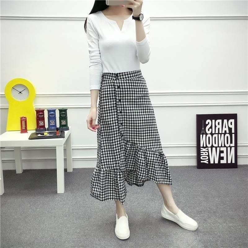 3289．アシンメトリーフレアきれいめボトムス　2019春夏　ギンガムチェック　フリル　ミモレ丈　ロング丈　美ライン　おしゃれ　スカート　お出かけ　お呼ばれ　女子会　普段使い