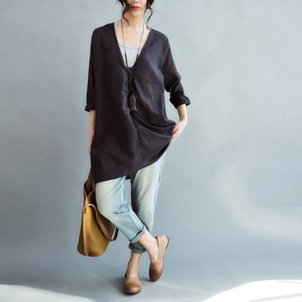 1736.Vネックロングシャツワンピース（ネイビー）2019 春夏 sale 秋 通学 通勤 大人カジュアル 普段使い 女子会