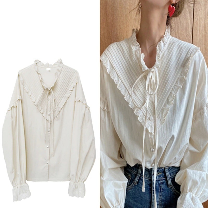 トップス ブラウス レディース 春 秋 かわいい 長袖 フリル袖 Vネック スリム Iライン 裾イン レース リボン 色展開 ホワイト ワンサイズ かわいい 大人可愛い きれいめ カジュアル おしゃれ
