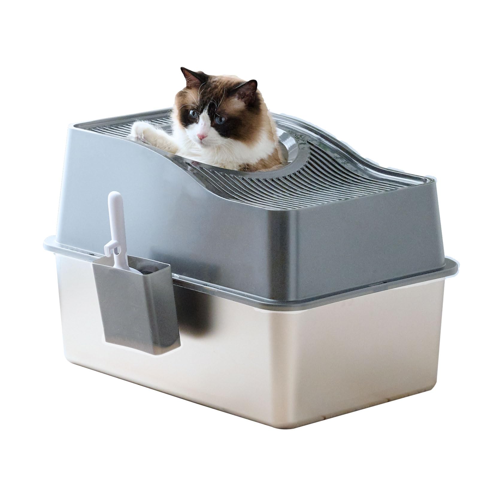 【OFT】 ステンキャットトイレ トップオープン L ハイタイプ グレー ステンレス 上から 猫トイレ 清潔 シンプル 丈夫 飛び散り防止 飛散