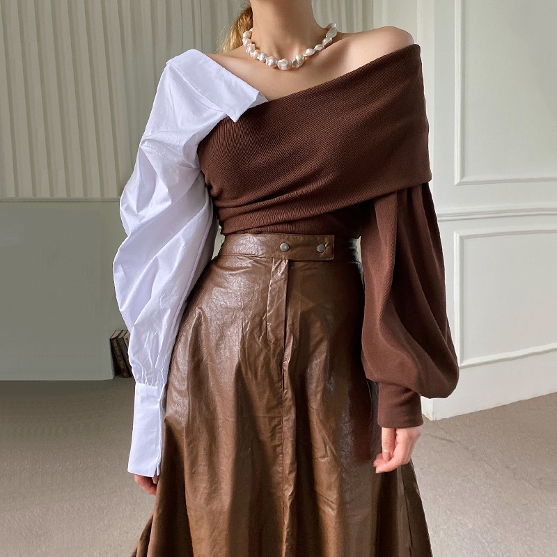 レディース リュクス コンビ 長袖 シャツ ブラウス パフスリーブ 異素材ミックス バイカラー 大人可愛い ママコーデ ママファッション 韓国系 オルチャン 人気 トレンド 新作 20代 30代 40