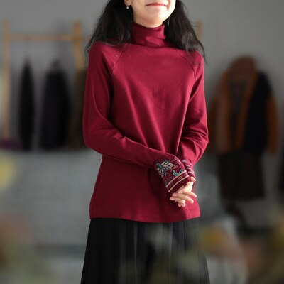 大人かわいいレディースカットソーハイネック袖口刺繍エスニック調Tシャツカットソー