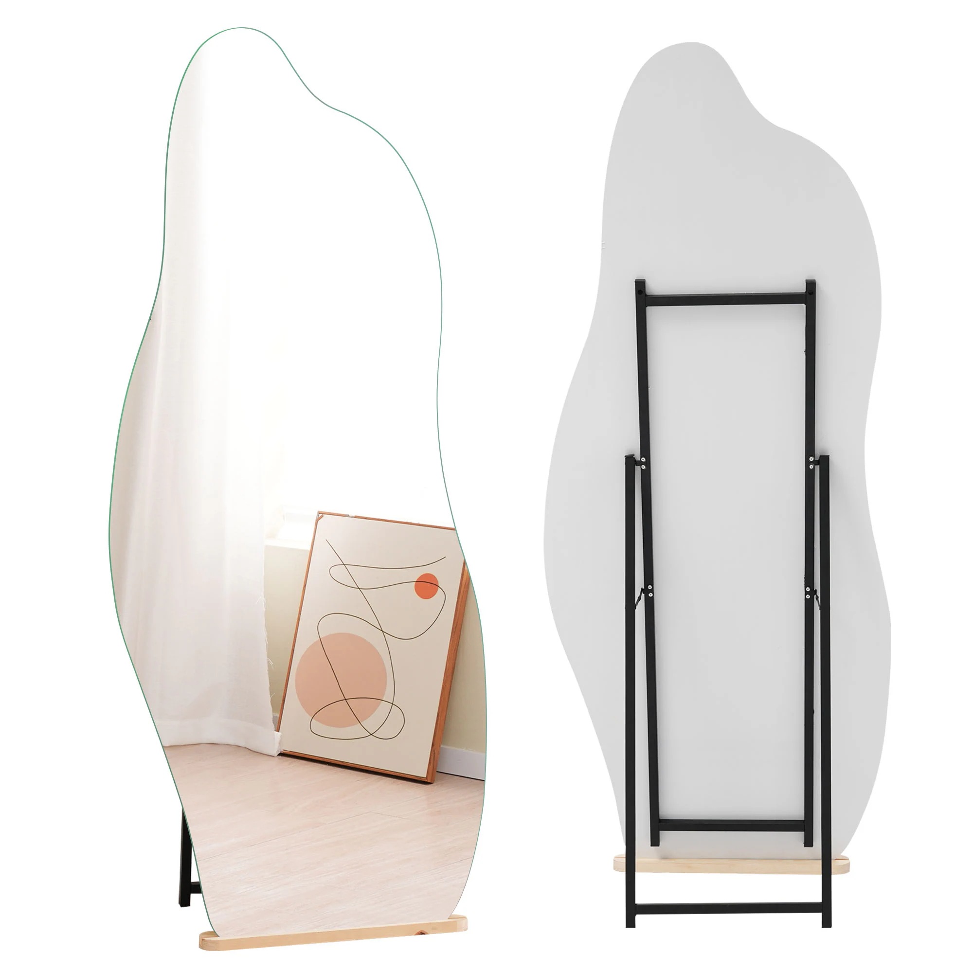 ミラー イレギュラミラー 大型 おしゃれ 170*70CM D全身鏡 飛散防止 鏡 スタンドミラー 姿見 木製台あり ノンフレーム 姿見鏡 立てかけ