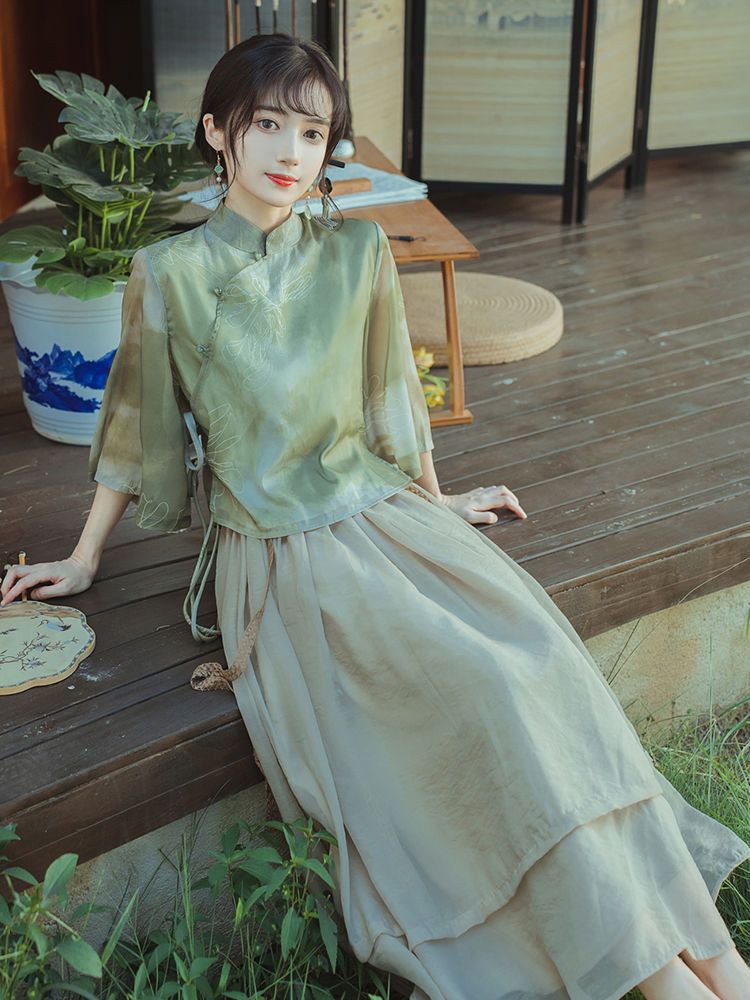 新しい中国風の茶服ツーピース スーツ デイリー改良漢服女性成人文学と芸術民族スタイルの薄くて優しいドレス秋