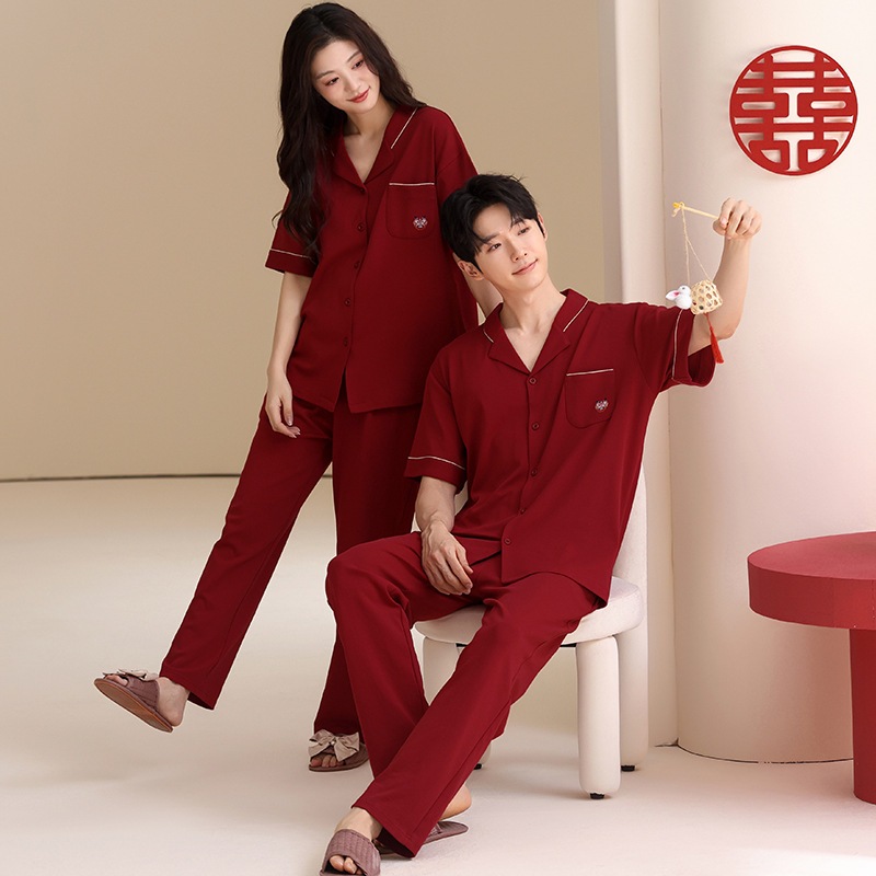 カップル用パジャマ干支に合わせたレッドの純綿ストレッチパジャマ春夏用半袖パンツ結婚式/新婚お祝いホームウェアセット