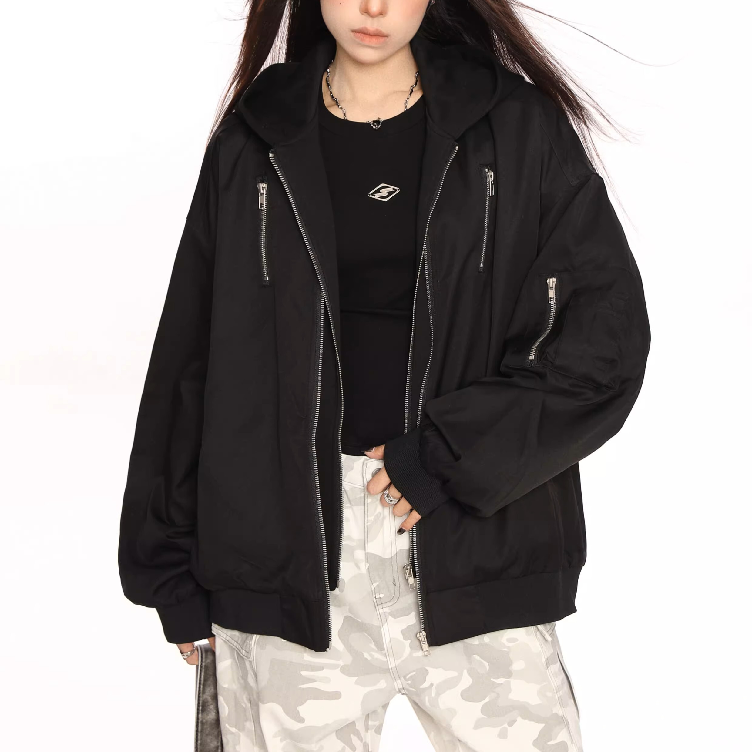 レディース ジャケット パーカー アウター 上着 前開き 長袖 フード ストレート Iライン 切り替え ドッキング ストリート ファスナー 大人可愛い シンプル カジュアル おしゃれ かっこいい