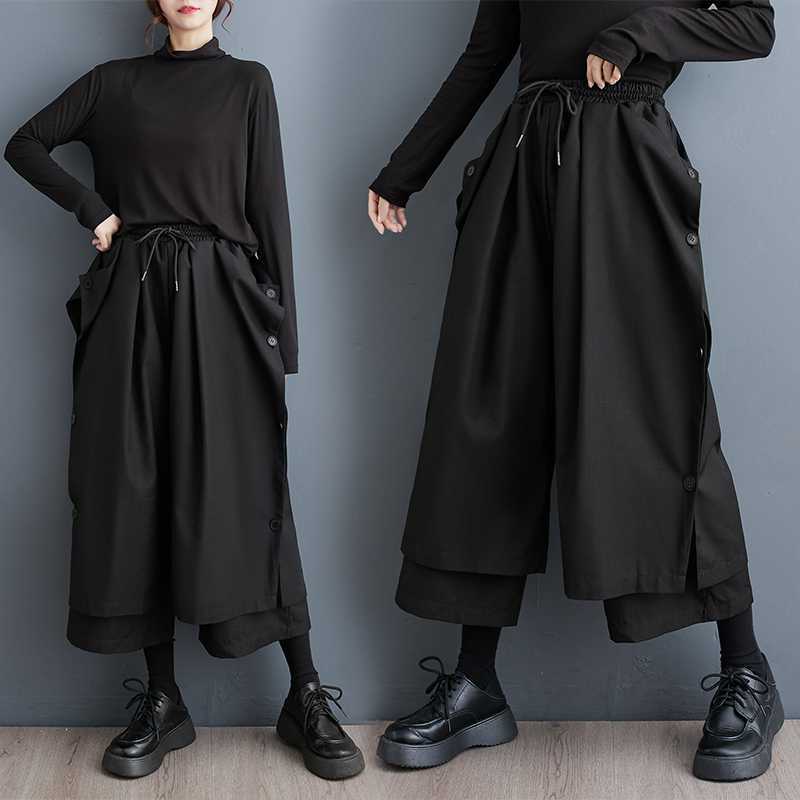 2024 キュロット ワイドパンツ ゴム 巾着 側ボタン レイヤード 2層 大きいサイズ ロングワンピース スラックス カーゴパンツ メガ割