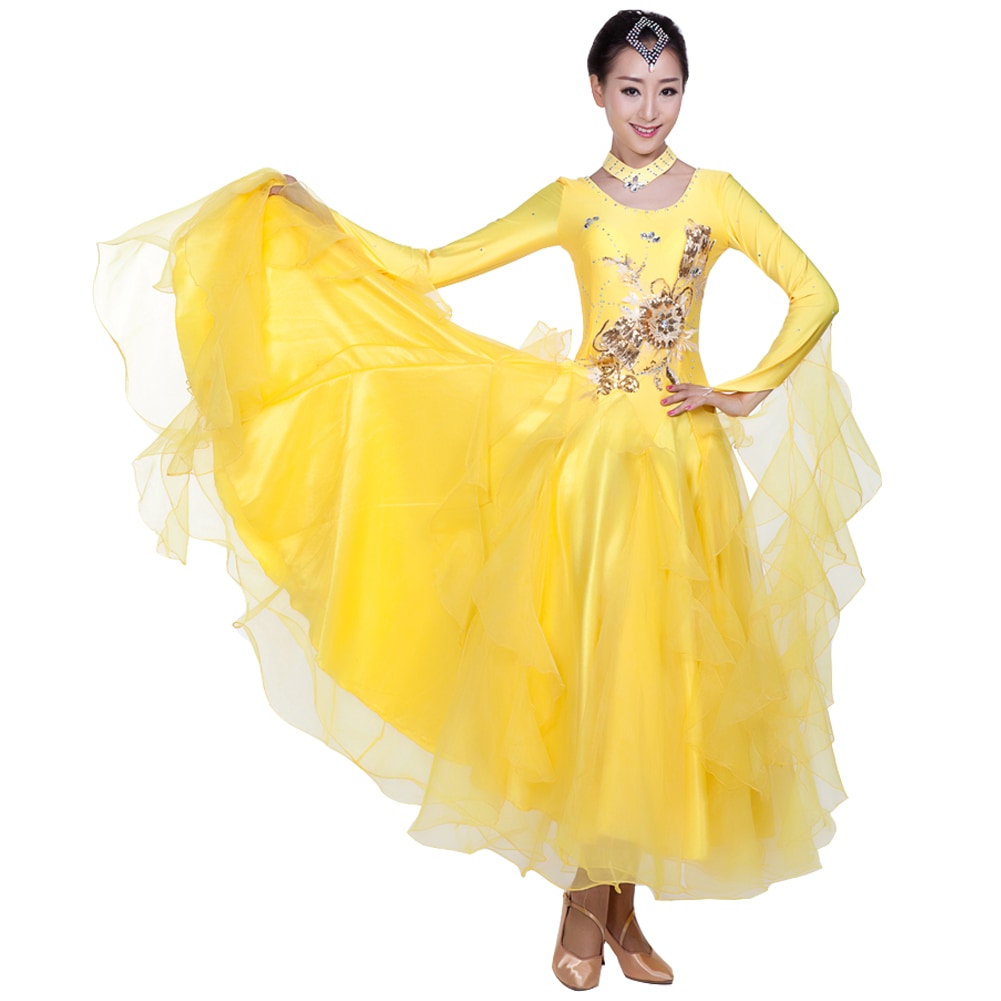 6色入荷　社交ダンス 大きい裾 豪華 モダンドレス ワンピースドレス 演出服 スタンダードドレス キラキラビジュー付き インターナショナルダンス 競技会 ワルツ服 練習着 競技用 ステージ衣装