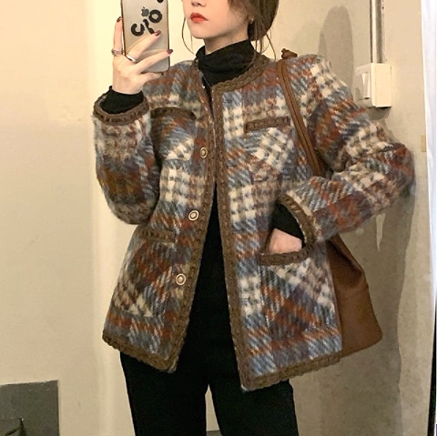 コート アウター ジャケット 上着 茶色 ブラウン ミディアム丈 長袖 ラウンドネック 襟なし 11,080円