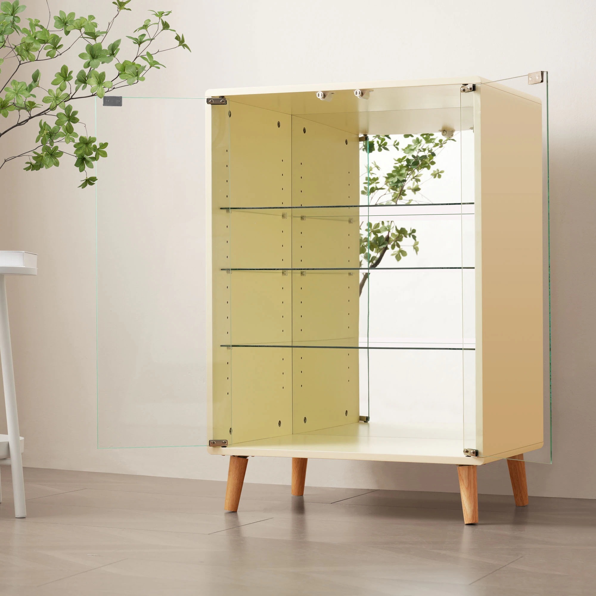 【安心保証】コレクションケース ワイド 大容量 コレクションシェルフ ガラスディスプレイキャビネット 4段 高さ調節可能 背面ミラー 強化ガラス棚 サイズ：幅60*奥行43*高さ88CM ベージュ 15,580円