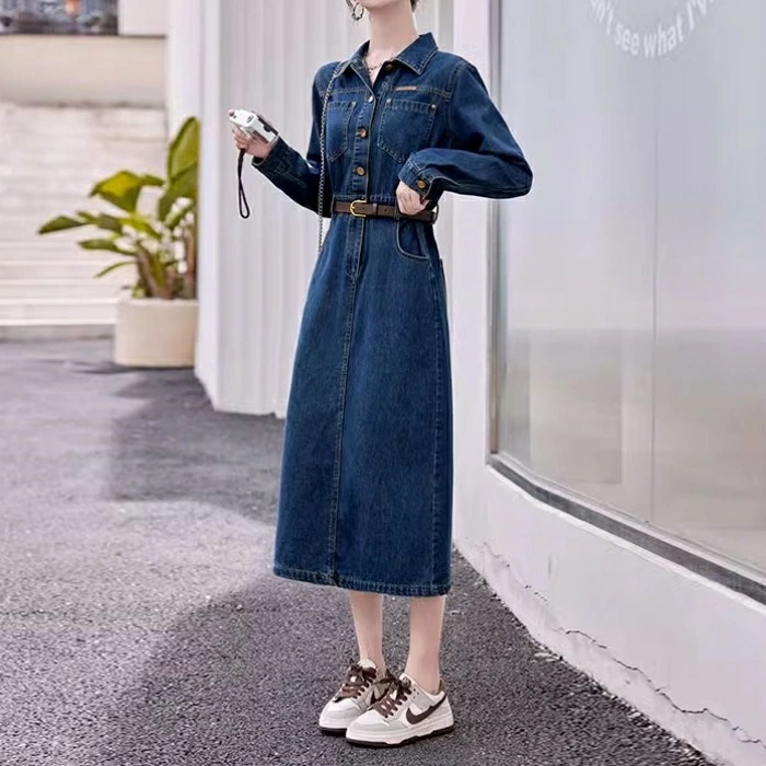 ワンピース ワンピ ドレス 袖あり デニム シャツワンピ レディース エレガント きれいめ カジュアル 長袖 大人 可愛い フェミニン ミモレ丈 Iライン ハイウエスト ウエストベルト シンプル 青
