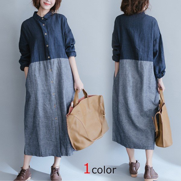 レディース ストライプ柄シャツワンピース 長袖 THOM カジュアル ロング丈 WILLS ホワイトデー