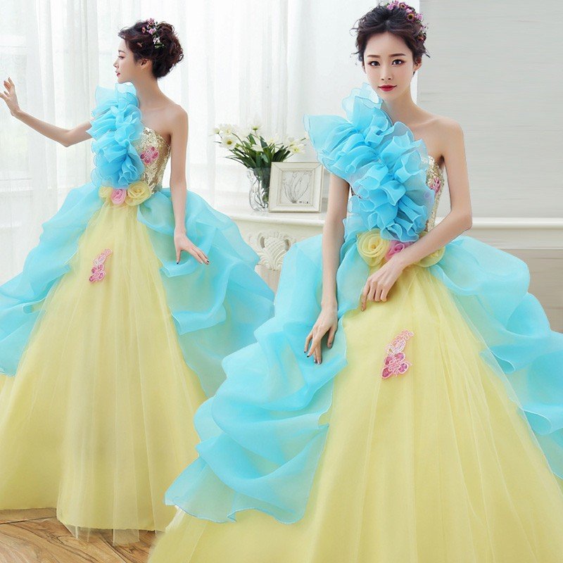 2021新品！カラードレス 演奏会 ロングドレス コンサート 披露宴 パーティードレス 発表会 ウェディング 二次会 サテンドレス 結婚式 ステージ衣装 イエロー