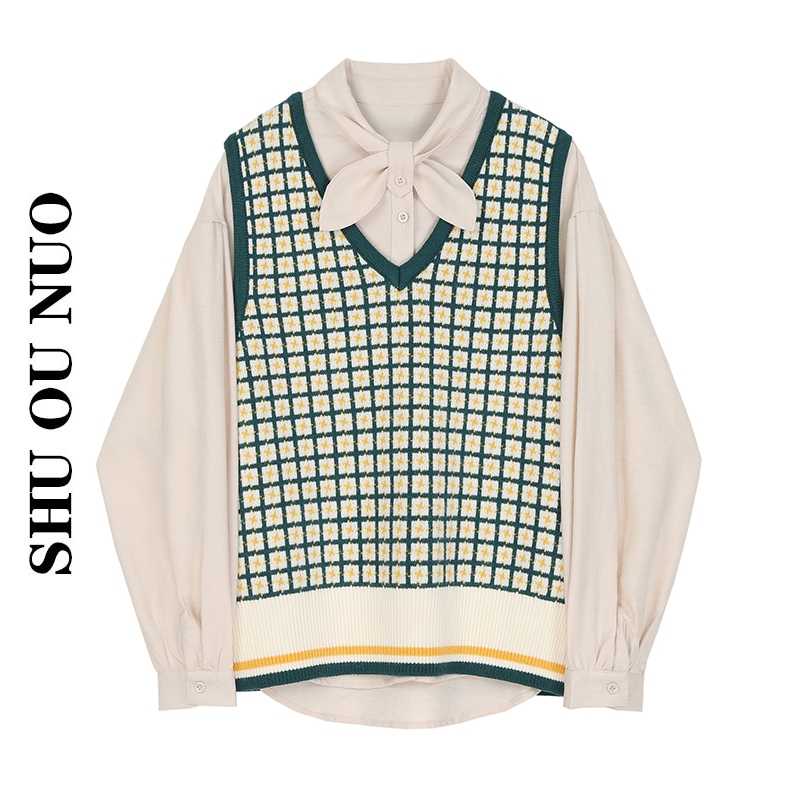 【セット】長袖リボンシャツ＋チェックニットベスト カジュアル ツーピース モード系 a2567