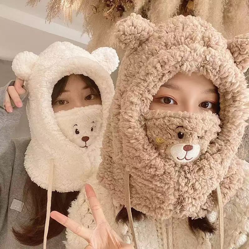 かわいい冬のクマのスカーフ帽子暖かいオールインワン帽子学生のラムウール帽子女性のマスク豪華な帽子