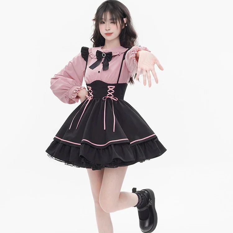 ロリータ コスプレ 2024 新作 メイド服 セーラー服 可愛らしい 二点セット 地雷系 サロペットスカート+シャツ30%制限