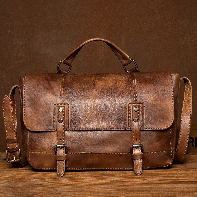 ゆっくりとした時間は純粋に手で色を拭いますハンドバッグ復古の潮流頭層の牛革の書類かばんビジネスの肩のかばん