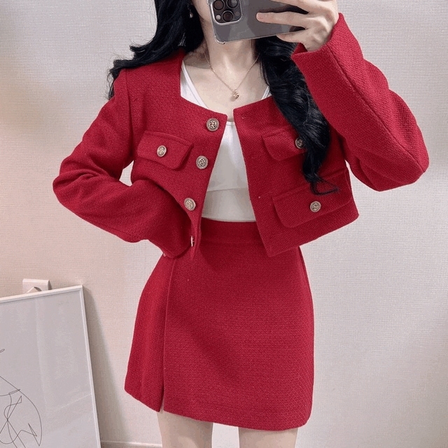 [高クオリティー！/特別な日！] シャシャ ツイード スクエアネック ポケット クロップ ジャケット(2color)