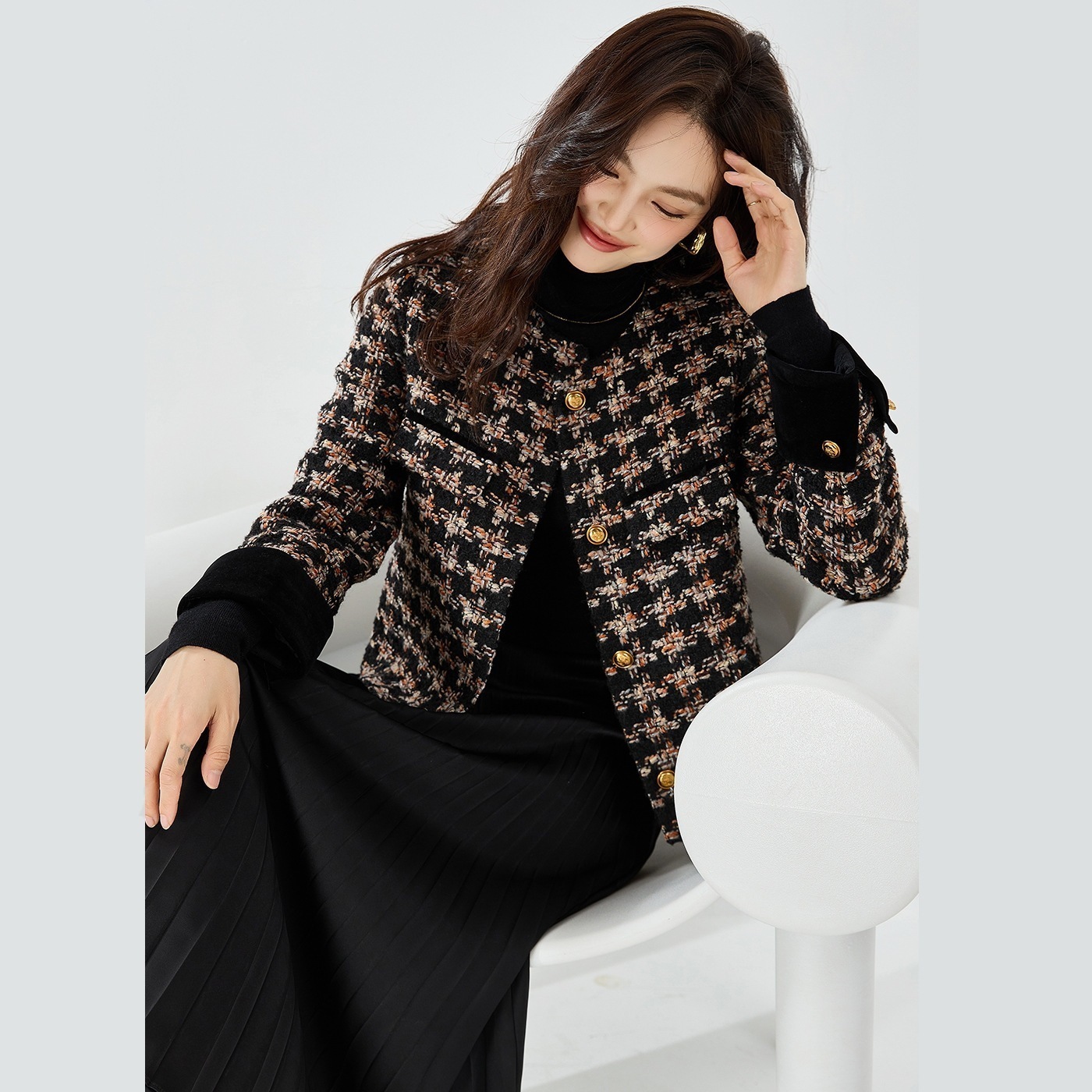 クラシックレトロスタイル ベルベット ツイード ショートジャケット 韓国 レディース オルチャン アウター 袖あり 長袖 ラウンドネック かっこいい レトロ 柄 秋 冬 10代 20代