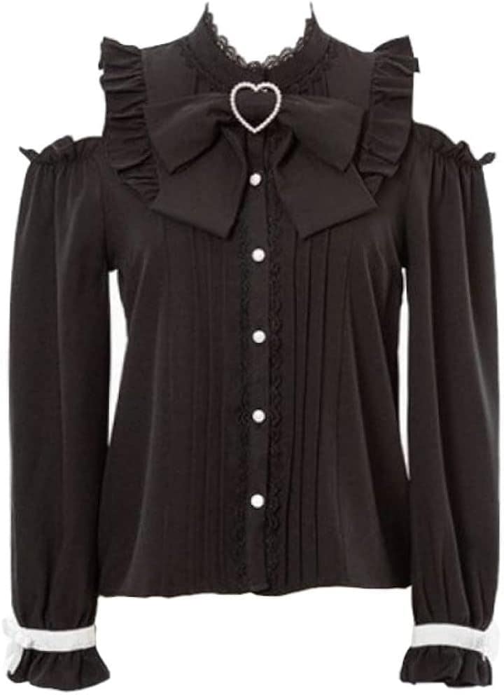 ぴゅありぼん 大きいサイズ 地雷系 リボン付き オフショルダー ショート丈 ブラウス 量産型( ブラック, L)