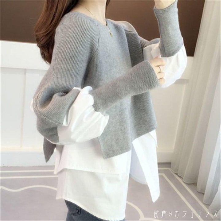 トップス 3色 セーター ロング丈 ロング 萌え袖 袖あり 長袖 ラウンドネック クルーネック Aライン フレア プルオーバー バイカラー 重ね着風 異素材切り替え ドッキング ニット