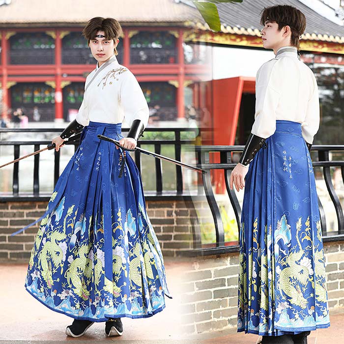 2025新作入荷 ハロウィン衣装 漢服 メンズ チャイナ服 長袖 交差襟 トップス 巻きスカート 華流コスプレ衣装 龍柄 花刺繍 美しい中華服 コスチューム 大人 舞台ステージ衣装 イベント 学園祭