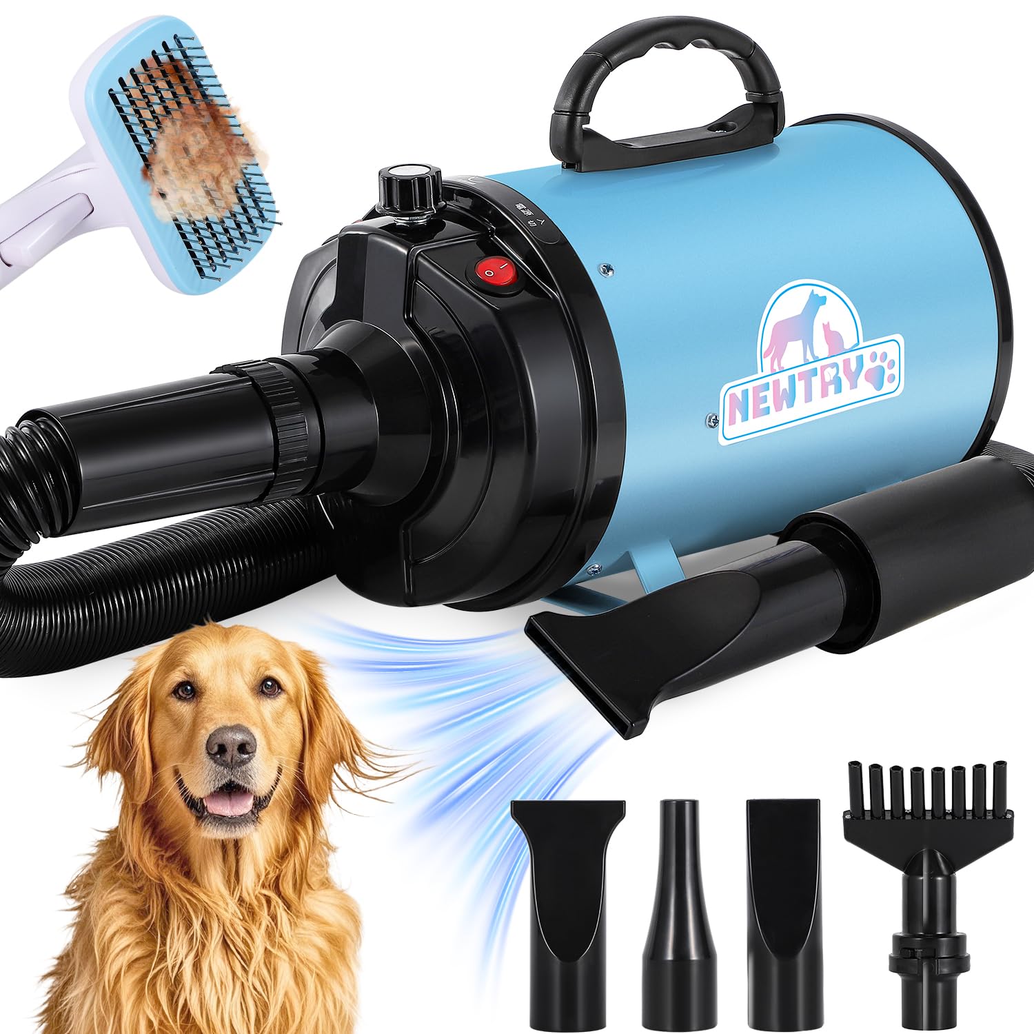 NEWTRY ペットドライヤー 犬用 ペット用 ドライヤー ブロワー 送風機 無段階速度制御 3つのノズル付き ブラシ付き 風速温度調整可能 大風量 騒音低減 100V 50Hz/60Hz 650