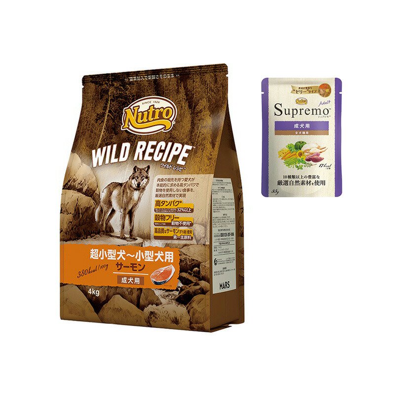 ニュートロ　ワイルド　レシピ　超小型犬ー小型犬用　成犬用　サーモン　４ｋｇ＋パウチ　１袋　おまけ付　ＣＲＣ45―02―53―25―00