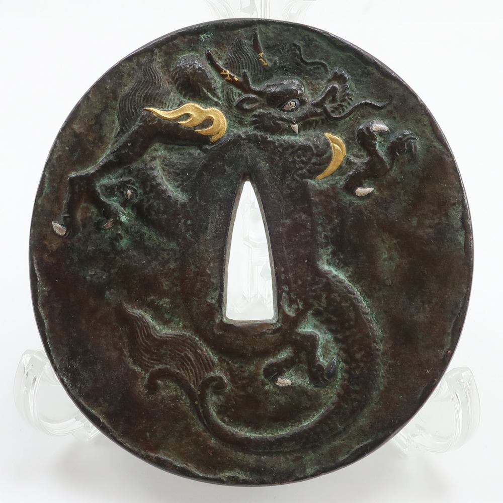 時代刀装具 金属製 金象嵌 龍文 鍔 骨董品 金属製 _ 中古品