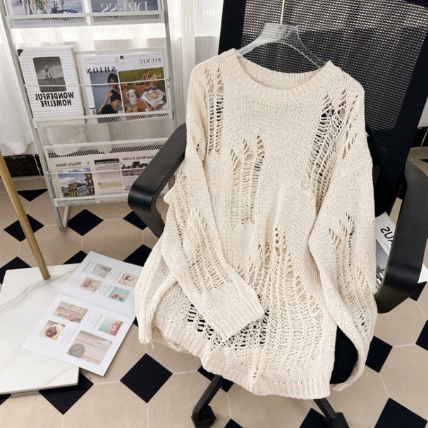トップス ダメージ ニットソー 袖あり ラウンドネック 襟なし 編み込み 透け感 シースルー かわいい 大人可愛い シンプル カジュアル 大人 おしゃれ お洒落 レトロ アジアン エスニック