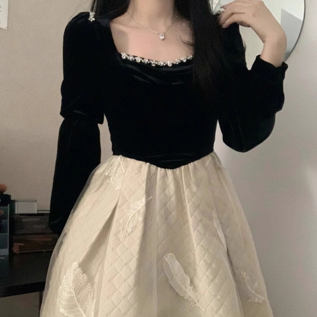 春先取 ワンピース つぎて ブラック 角領 長袖ワンピース プリンセススカート 韓国ファッション 4,917円