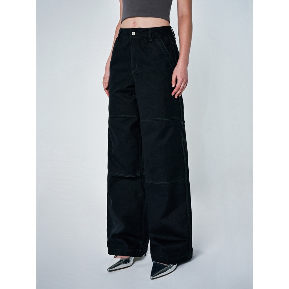 ODD STUDIO ステッチディテールセミワイドコットンパンツブラック