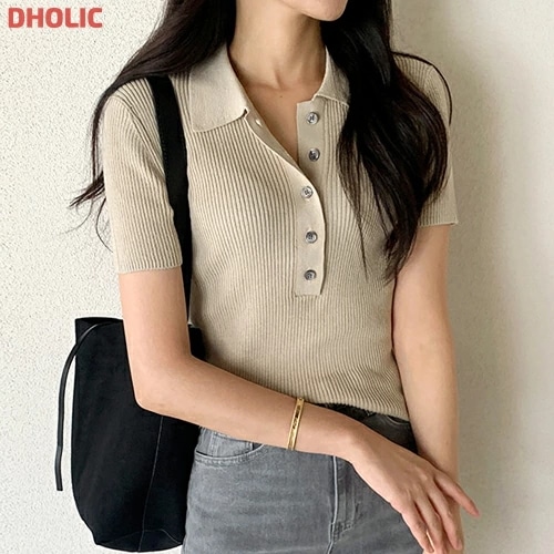 [メガ割りSALE]リブ半袖カラースリムボタンニット 4,877円