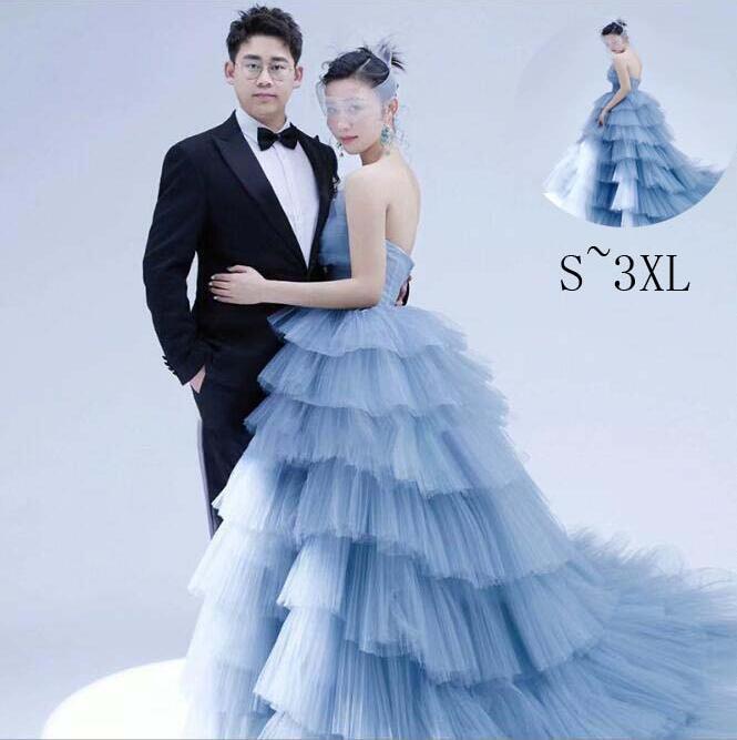 超目玉 オフショルダー WeddingDress ライトブルー ウェディングドレス 花嫁ドレス レース 前撮り 後撮り Aライン フォトウェディング撮影 カラードレス 撮影用ロングトレーン 多重チュー