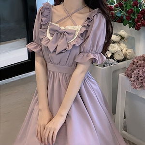 愛されドッキングワンピース夏の日系学生のウエストを丸くした可愛いリボン芋紫姫バブリースリーブワンピースlolitaワンピース ドレス