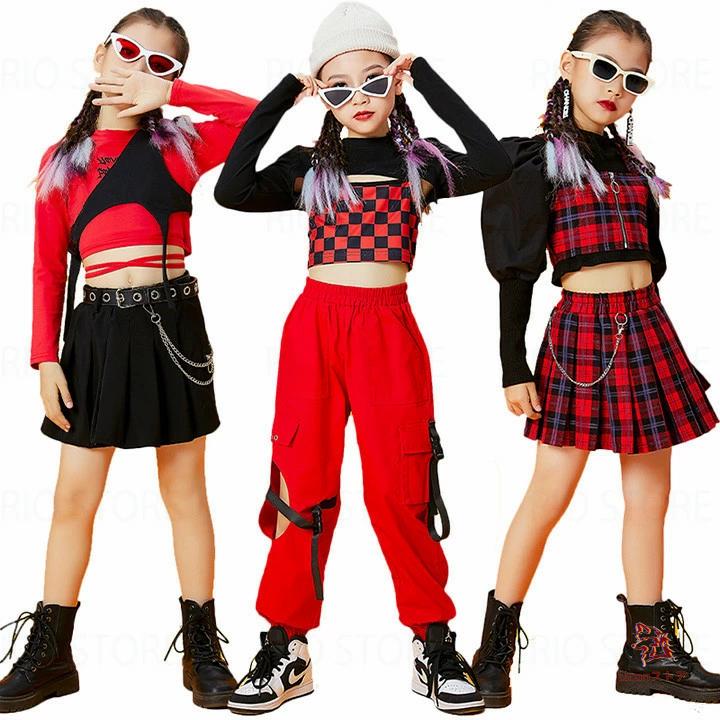 [新品入荷]キッズダンス 衣装 女の子 レッド ヒップホップ ヘソ出し パンツ スカート チェック柄 チアガール 衣装 キッズ ダンス セットアップ 韓国 子供服 kpop JAZZ ダ 5,175円