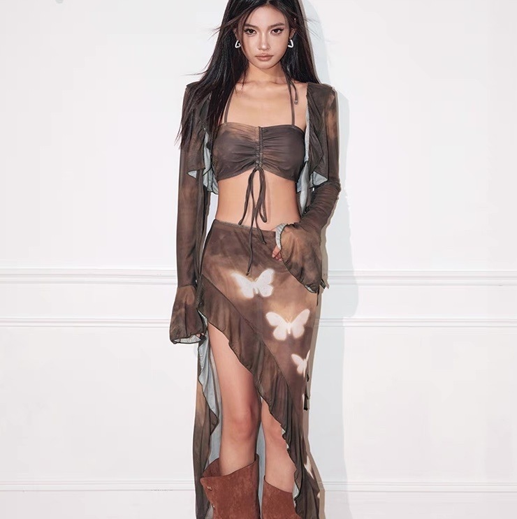 水着 ビキニ スイムウェア 紐 体型カバー 羽織り パレオ スカート セパレート ホルターネック 二の腕カバー 長袖 アシンメトリー リボン シャーリング ローライズ 胸元 谷間魅せ セット