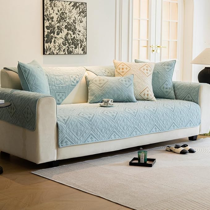 多目的ソファーカバー 1/2/3人掛け キルティングコットン 肘掛け付き 肘掛けなし 北欧 背もたれカバー 座面 滑り止め 厚手 ペット保護 汚れ防止 洗える ブルー 70x180cm