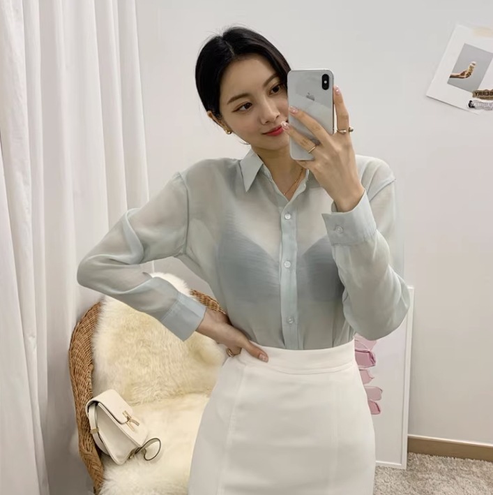 シフォンシャツ 透け感シャツ サマーシャツ レディース トップス シャツ ブラウス 羽織 ロング 長袖 Vネック ストレート Iライン シフォン 前開き 透け感 シースルー かわいい 大人可愛い